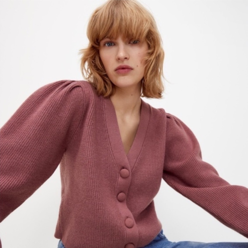 Zara Mauve Knit Puff Shoulder Sleeves Button Up V Neck Cardigan dust rose